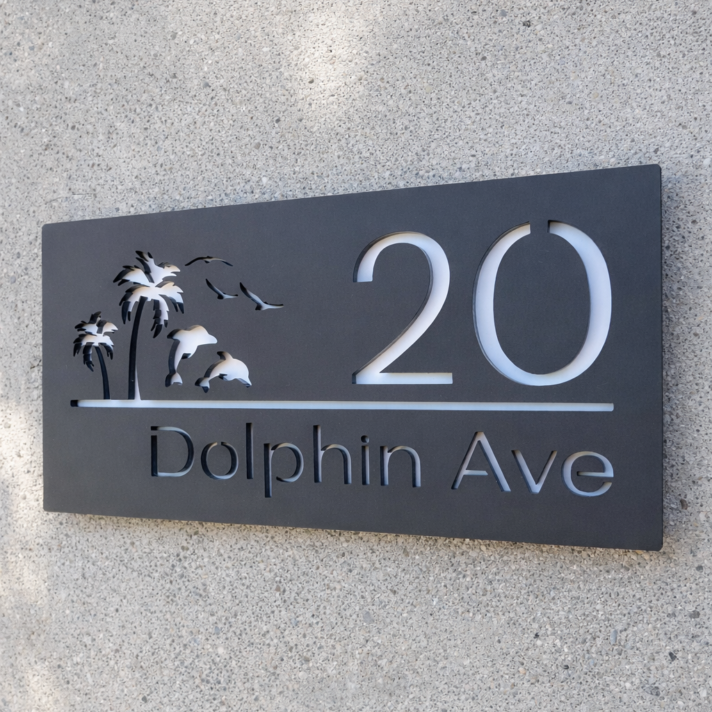 House number sign '20 Dolphin Ave' on a textured wall