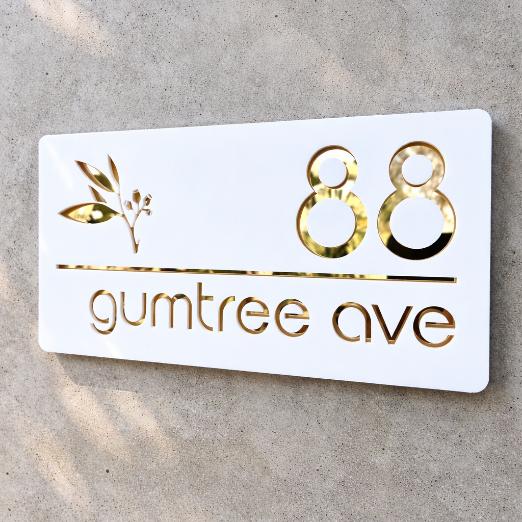 White sign with gold text and design on a concrete surface