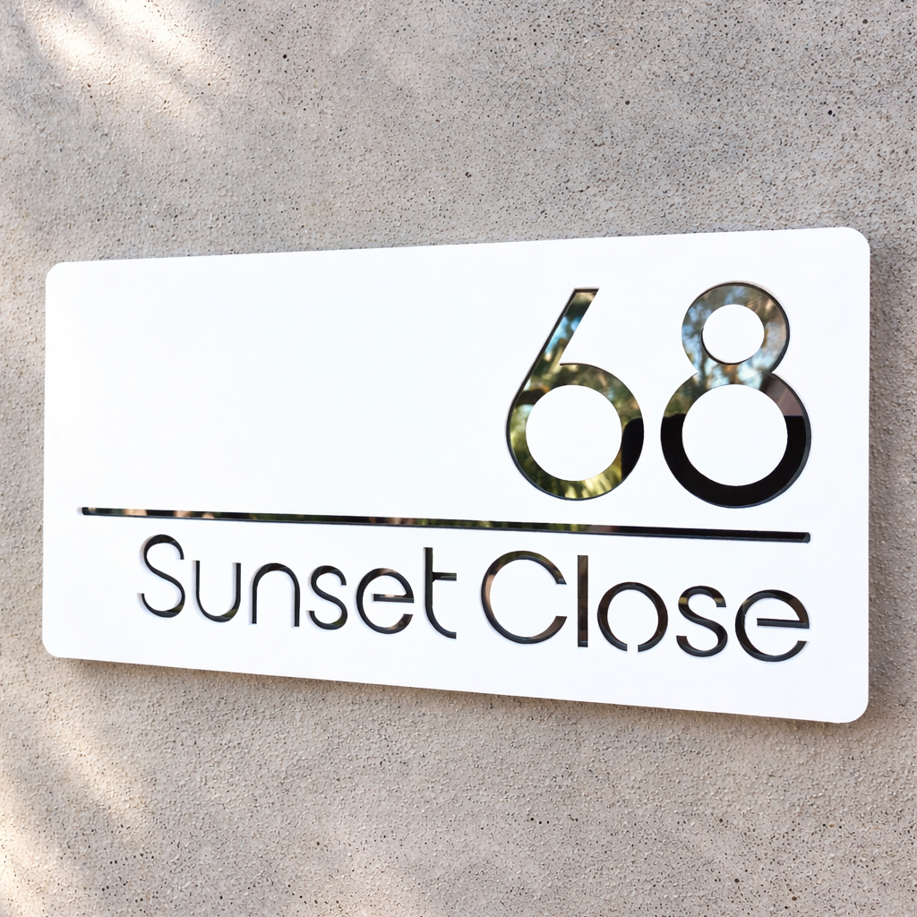 Metallic house number sign '68 Sunset Close' on a textured surface