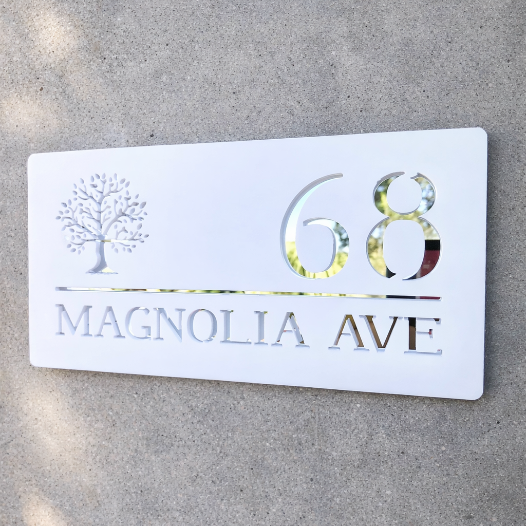 White rectangular sign with '68 Magnolia Ave' on a concrete surface