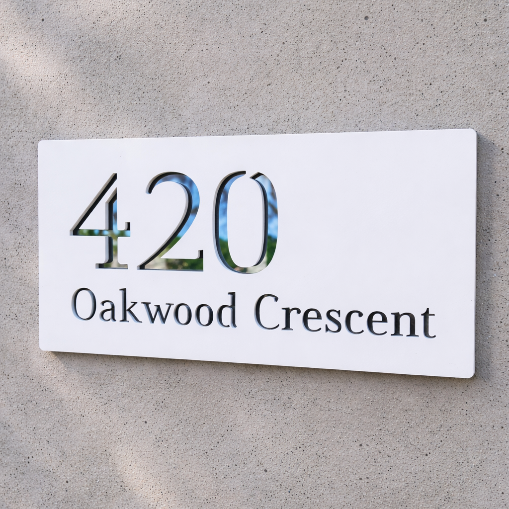 House number sign with '420 Oakwood Crescent' on a concrete wall.