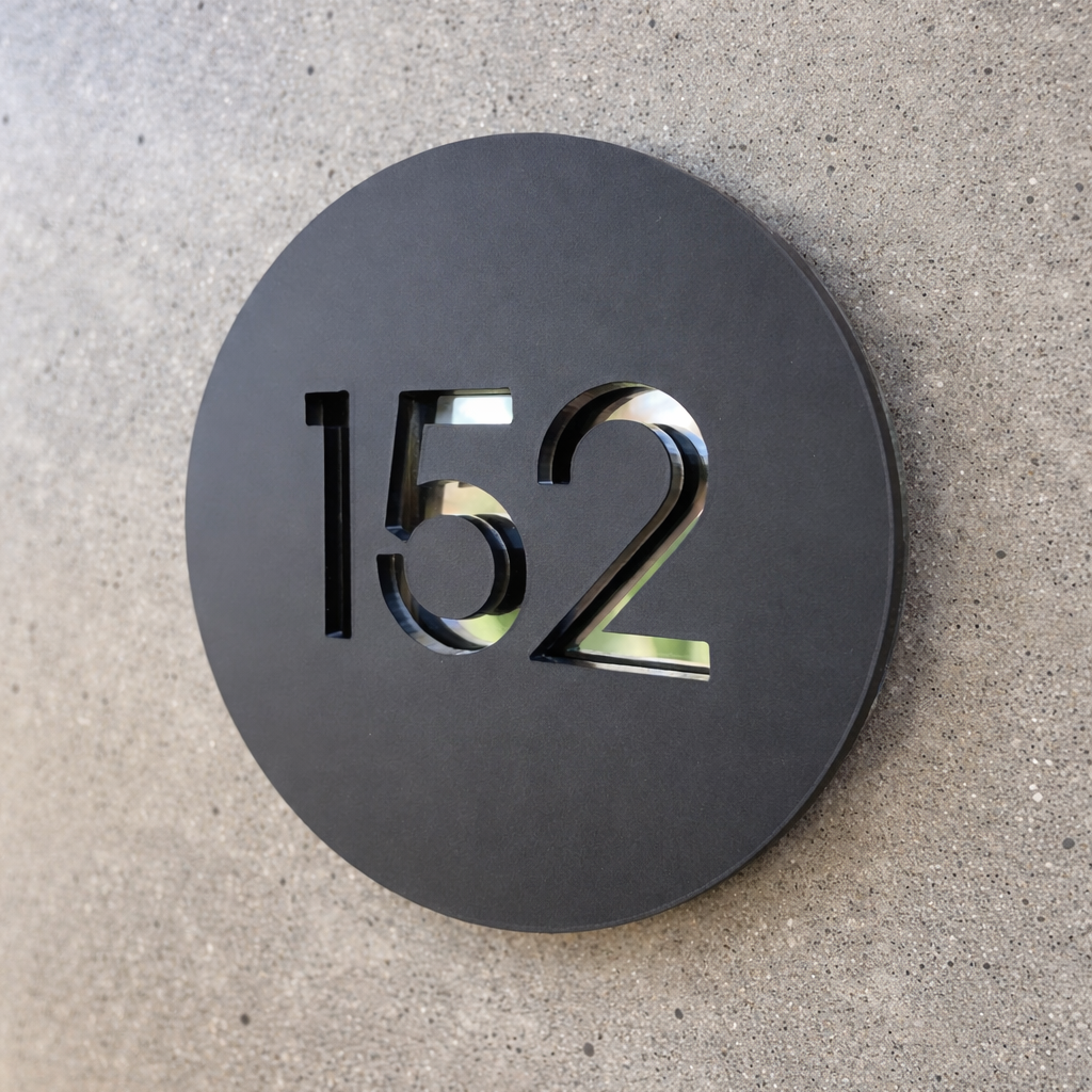 Round black house number sign with '152' on a concrete wall.