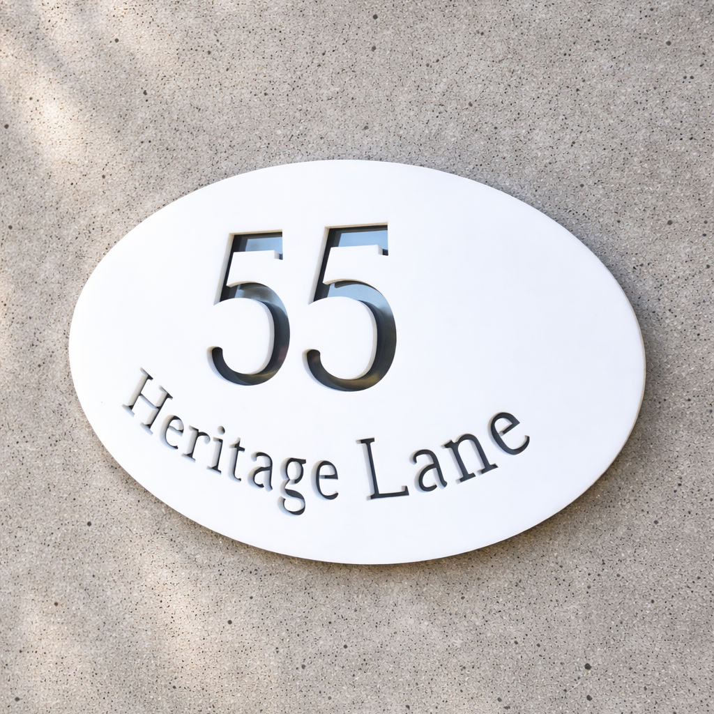 Oval-shaped house number sign with '55 Heritage Lane' on a concrete wall.
