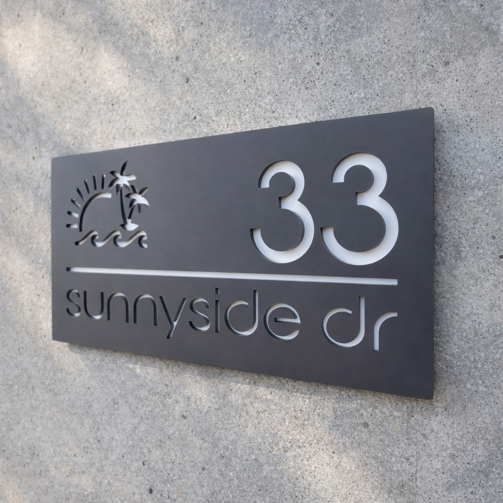 Modern house number sign with '33' and 'sunnyside dr' on a concrete wall.