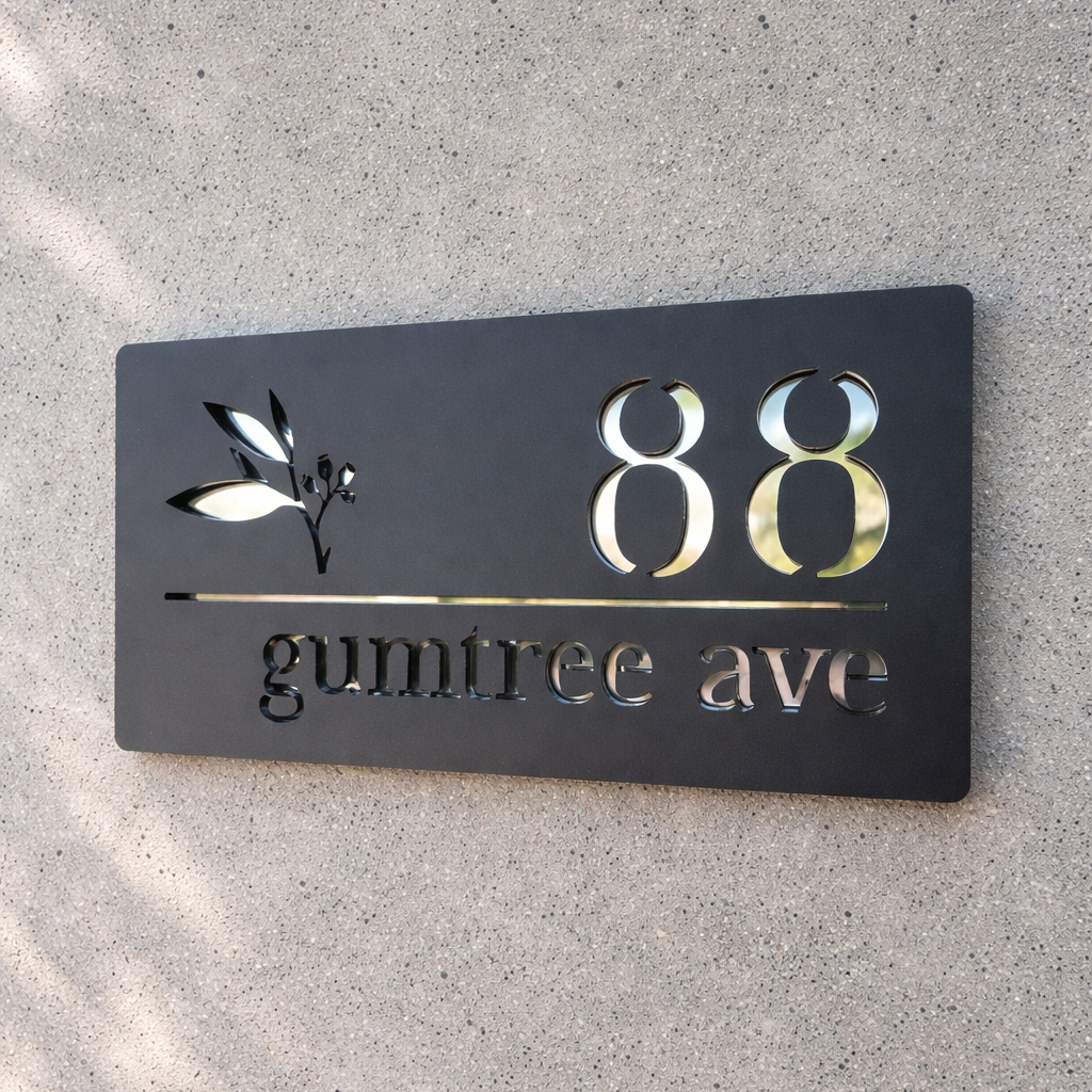 House number sign with '88 gumtree ave' on a textured wall