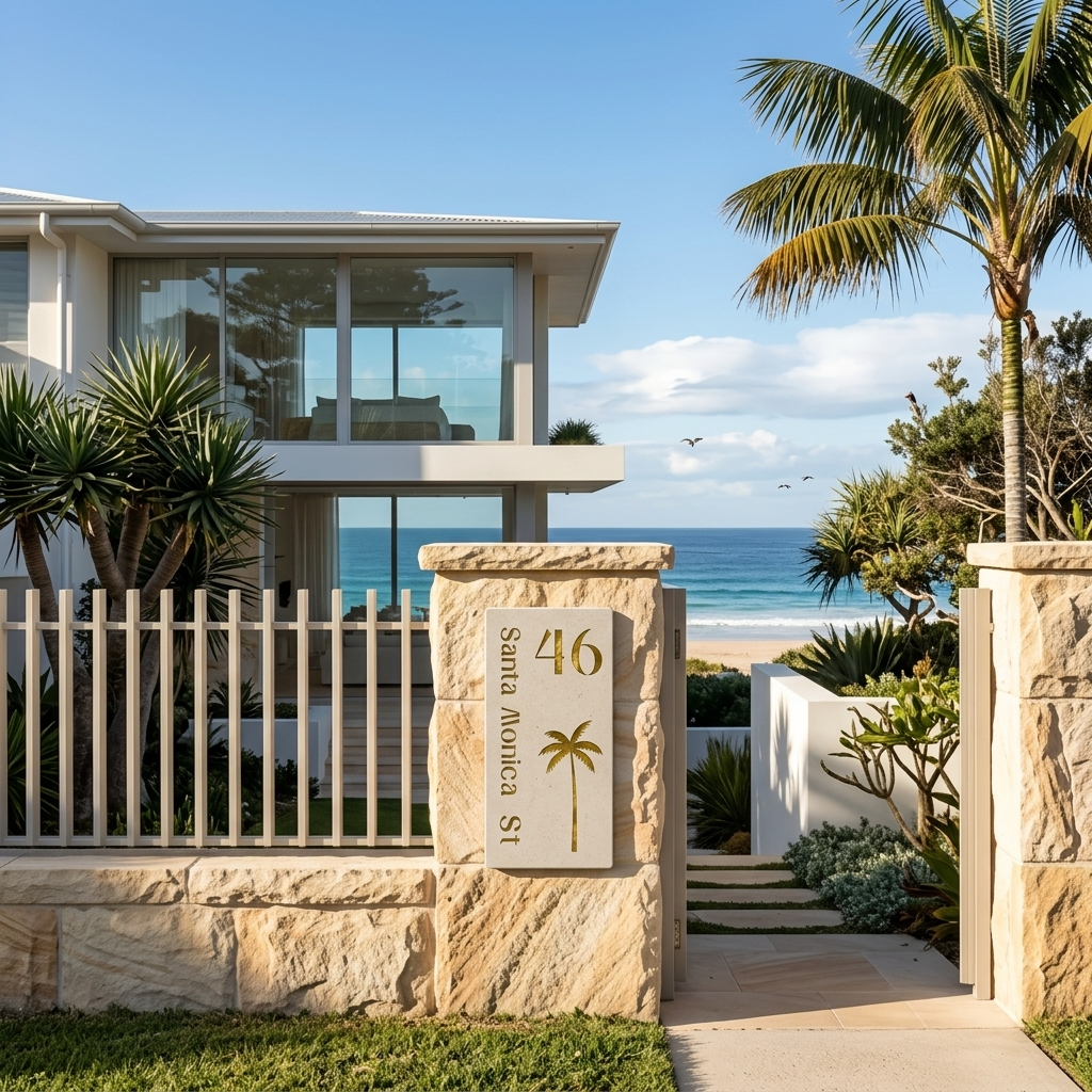 Modern house with ocean view and stone address sign