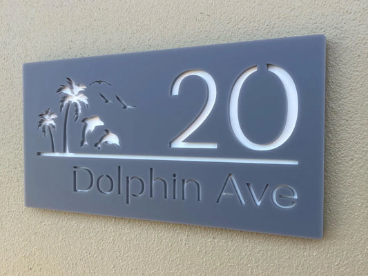 Custom Address Sign with Palms and Dolphins