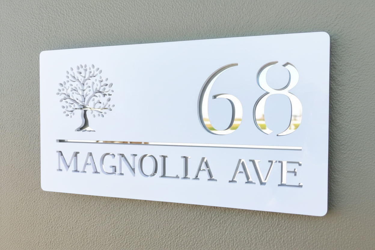 White house number sign with '68 Magnolia Ave' on a gray wall