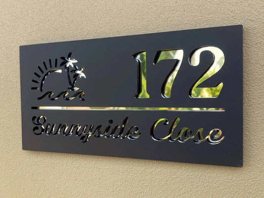 Custom Address Sign with sun, waves and palm in Script